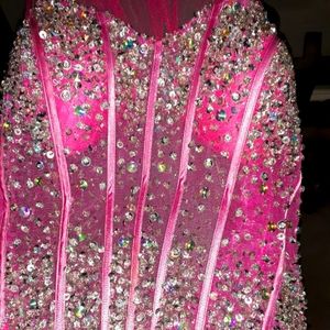 Camille La Vie hot pink halter top mermaid gown